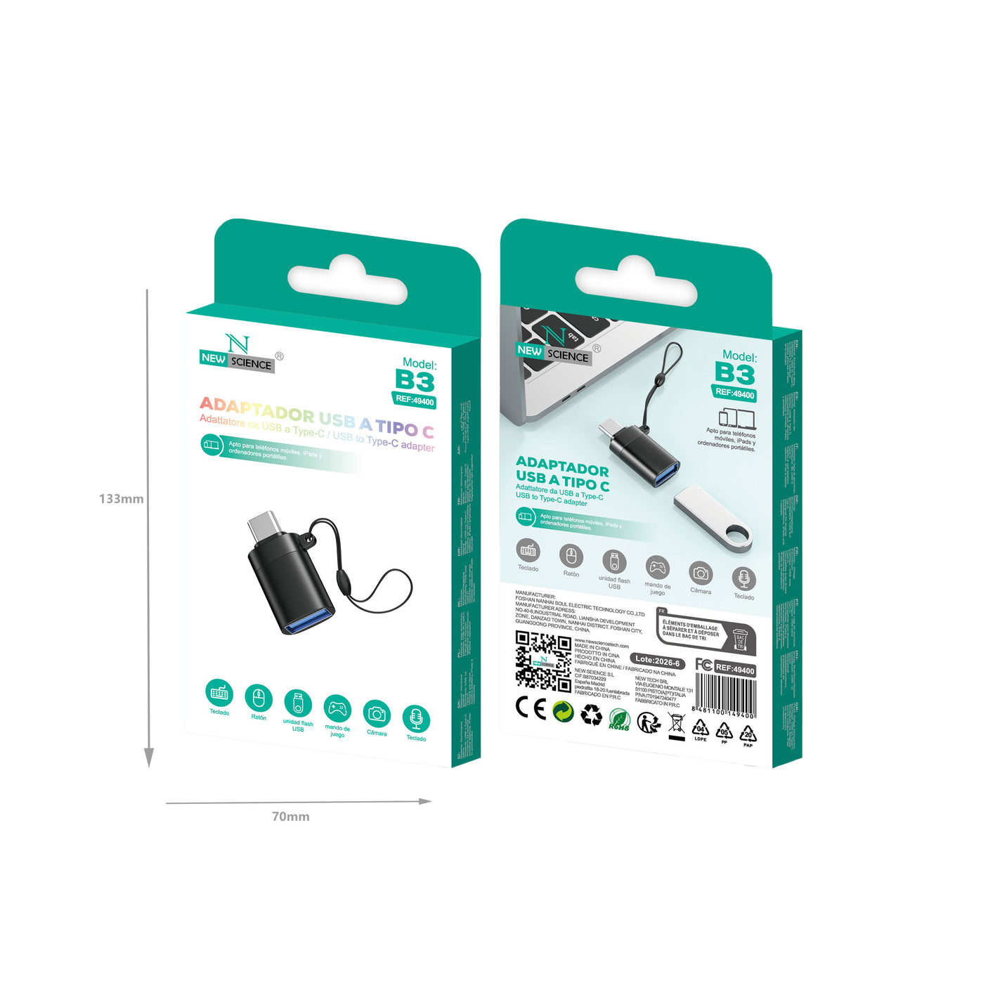 Adaptador OTG USB a Tipo C Modelo B3