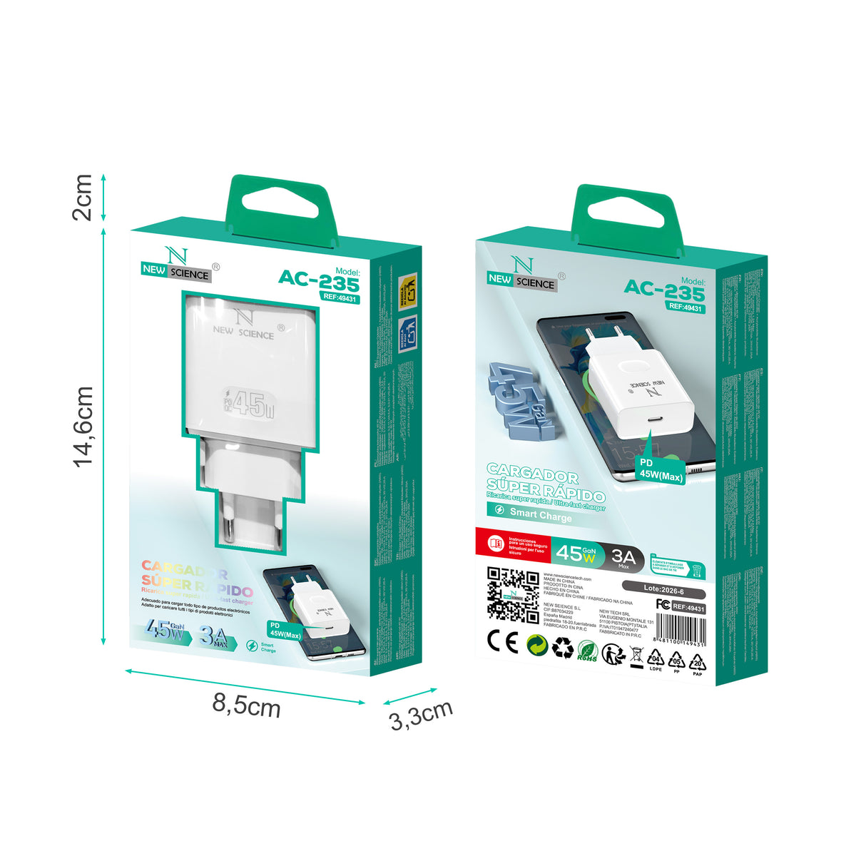 Enchufe Adaptador PD USB-C 45W 3A Modelo AC-235 Blanco