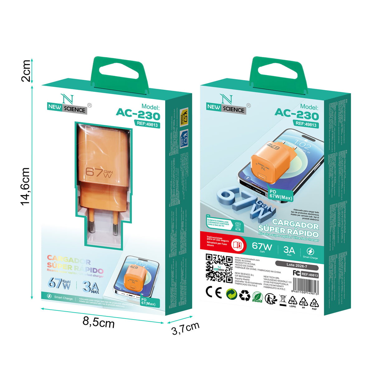 Enchufe Adaptador PD USB-C 67W 3A Modelo AC-230 Naranja