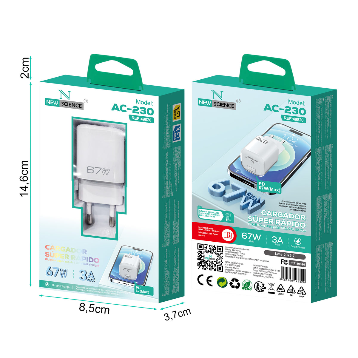 Enchufe Adaptador PD USB-C 67W 3A Modelo AC-230 Blanco