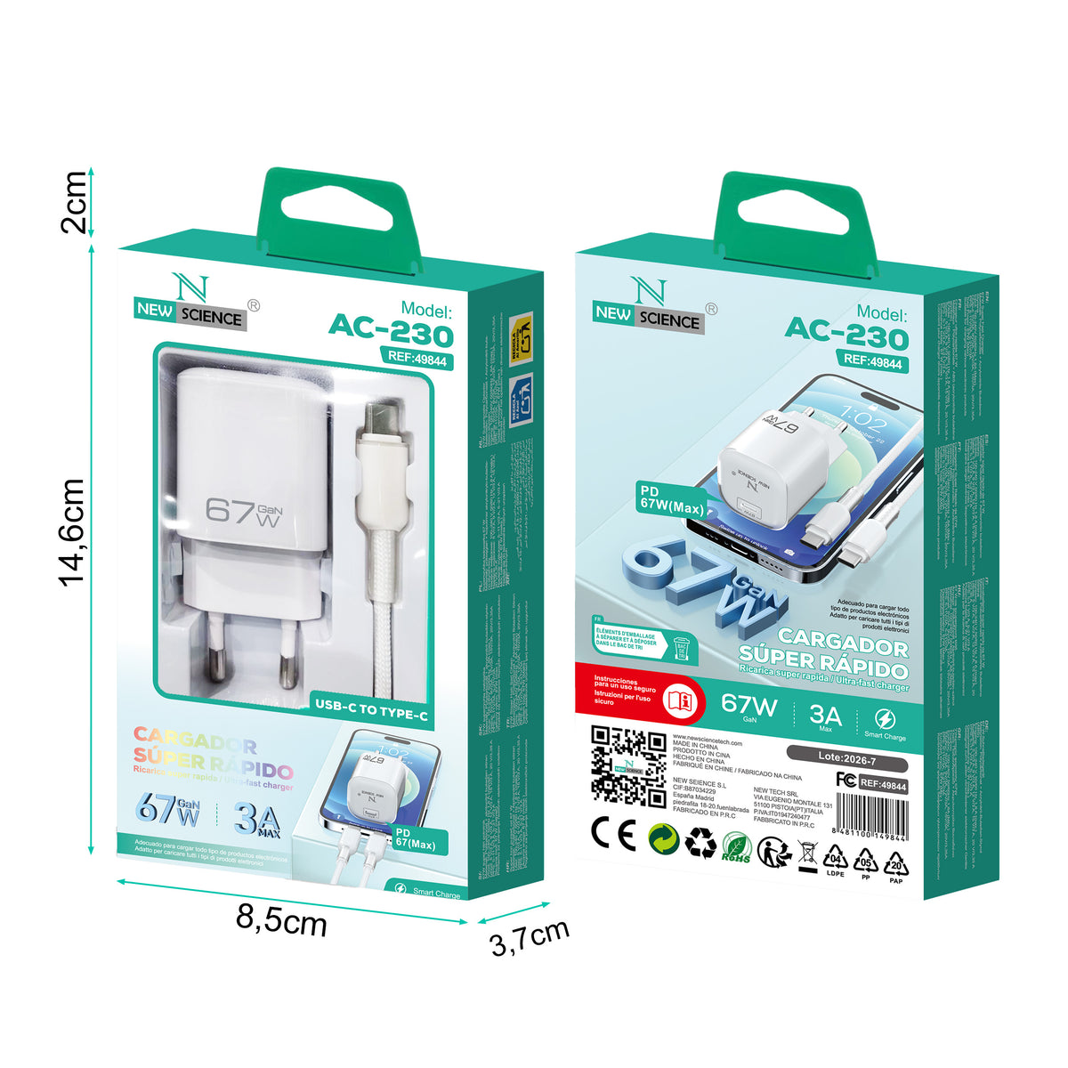 Cargador PD USB-C a Type C 67W 3A Modelo:AC-230 Blanco