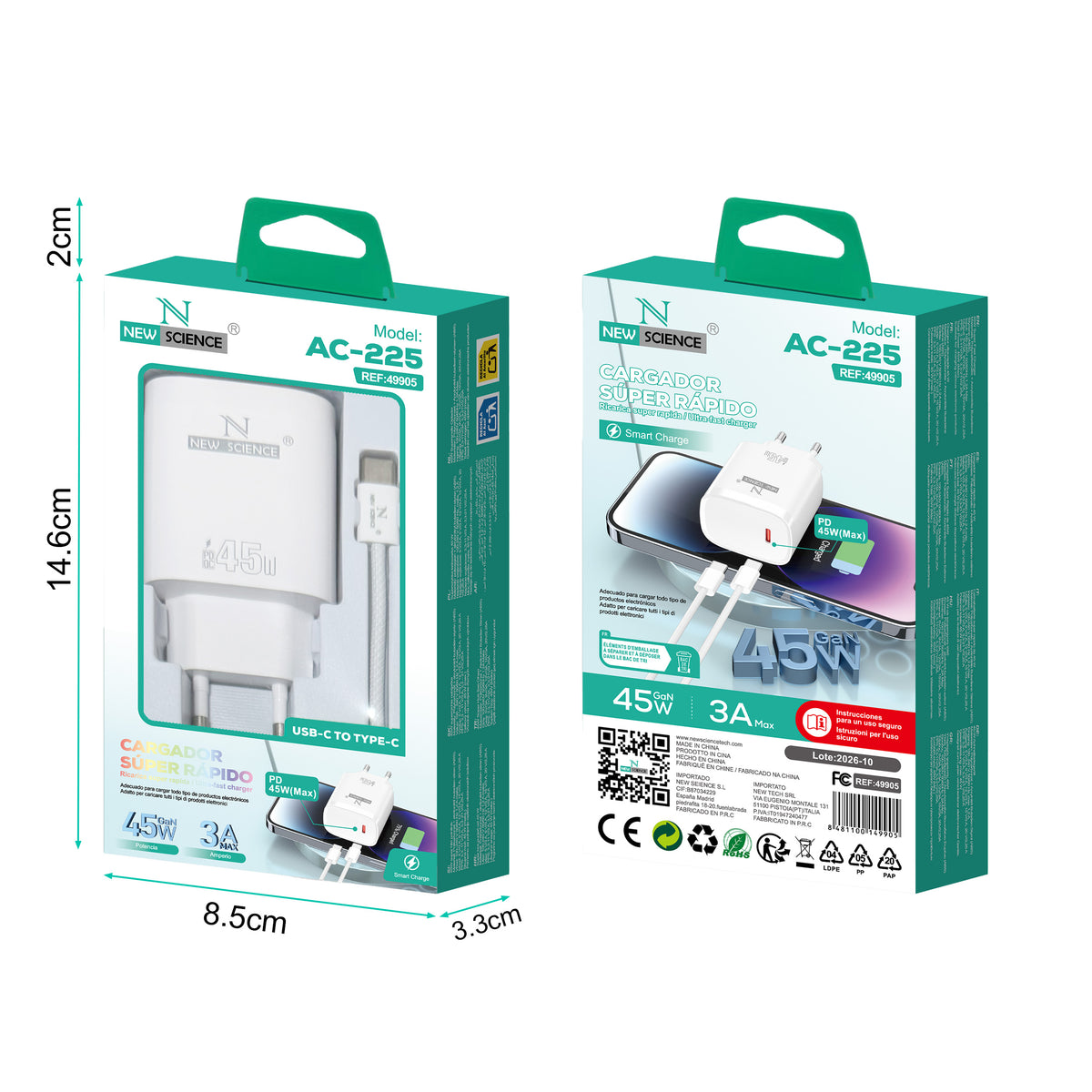 Cargador PD USB-C a Type C 45W 3A AC-225