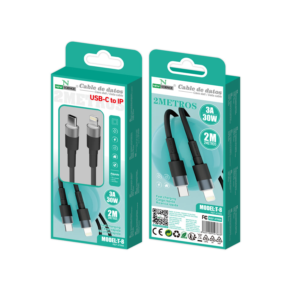 Cabo PD USB-C para Lightning para iPhone 3A 30W 2M T-8