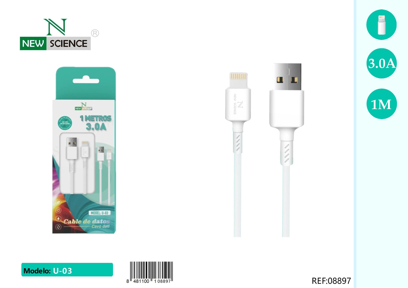 Cabo USB para iPhone 3A 1M U-03