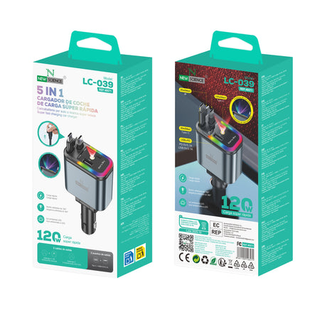 Cargador Coche 5en1 con Cables Retráctiles 120W LC-039