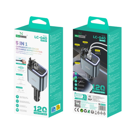 Cargador Coche 5en1 con Cables Retráctiles 120W LC-040