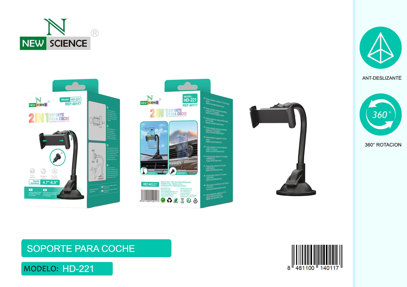 Soporte Coche 2en1 con Ventosa/Gancho HD-221